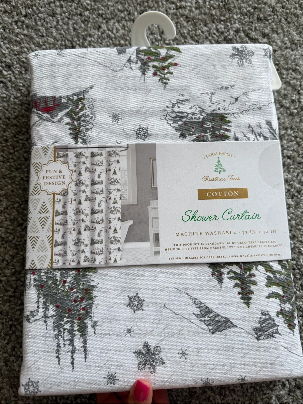 Marshalls White Cotton Shower Curtain with Green & Red Tree Accents + Hand Towel